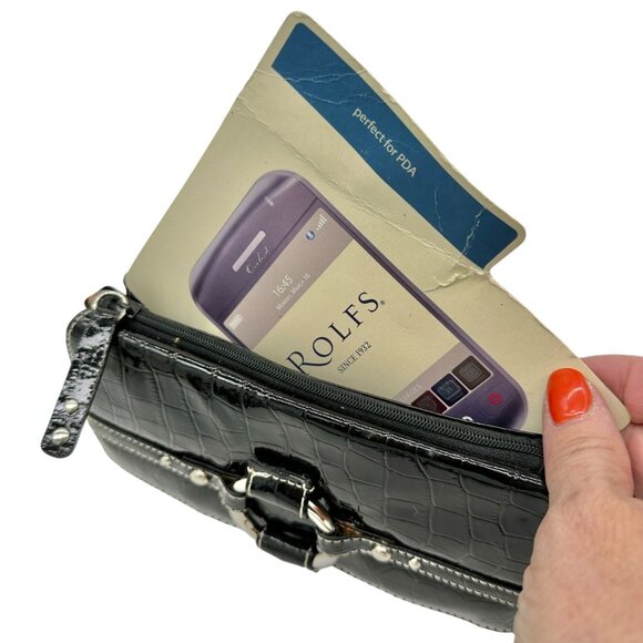 Rolfs Black Croc-Embossed Leather Wallet Clutch Card Holder Multiple Pockets - Picture 9 of 13